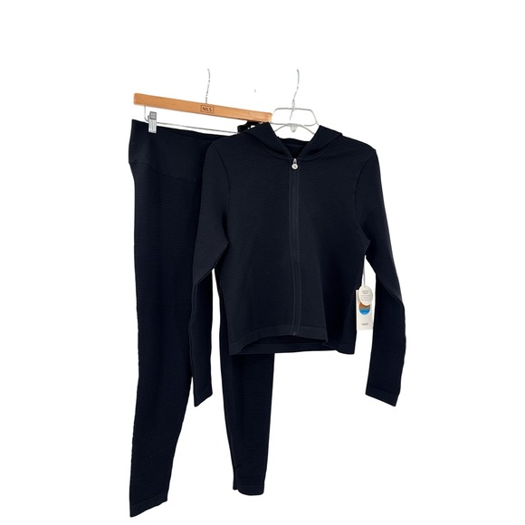 Vuori Waffle Seamless Zip Hoodie Leggings Set Womens L Black Athleisure